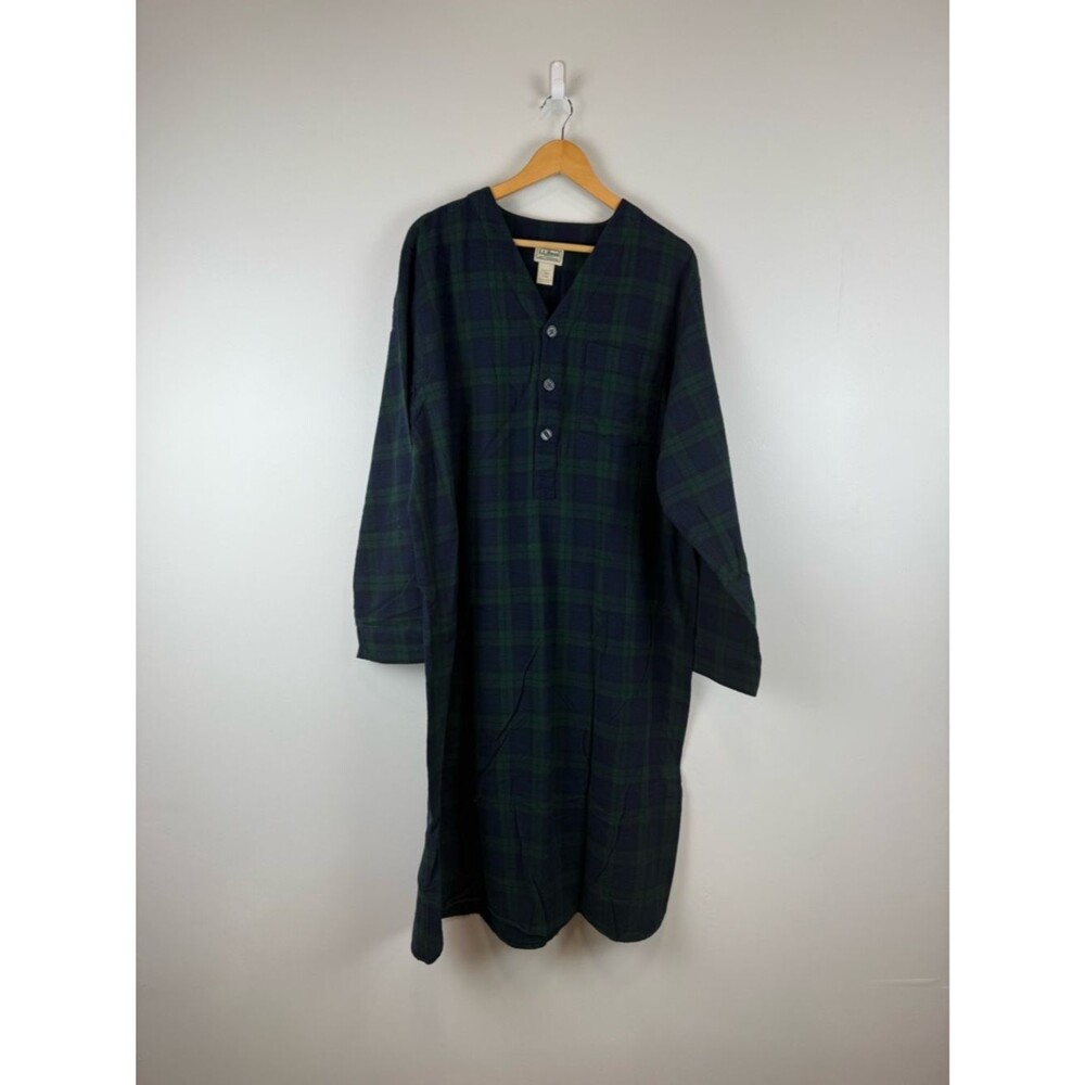 LL Bean Men's Size Large Vintage Plaid Flannel Nightshirt Green Black Watch